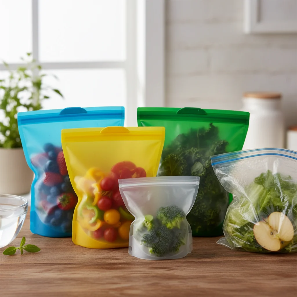 Reusable silicone food storage bags with fresh vegetables