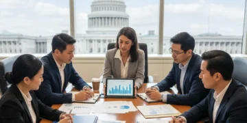Small business owners reviewing financial documents with the US Capitol in the background, symbolizing federal budget impact.