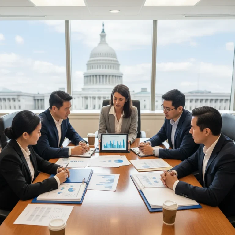 Small business owners reviewing financial documents with the US Capitol in the background, symbolizing federal budget impact.