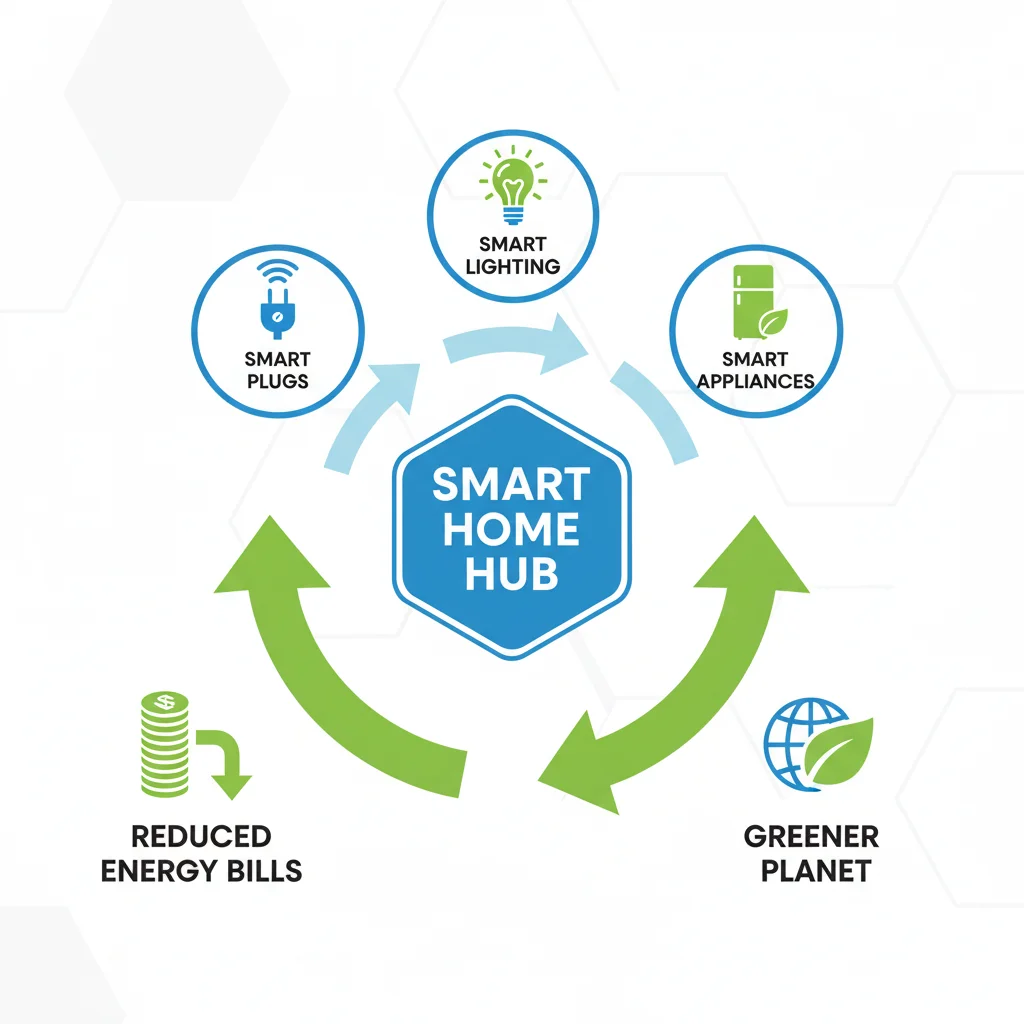 Infographic showing various smart devices contributing to energy reduction.