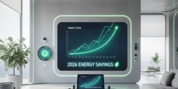 Smart home devices integrating to save energy in 2026, showing a tablet with energy data.