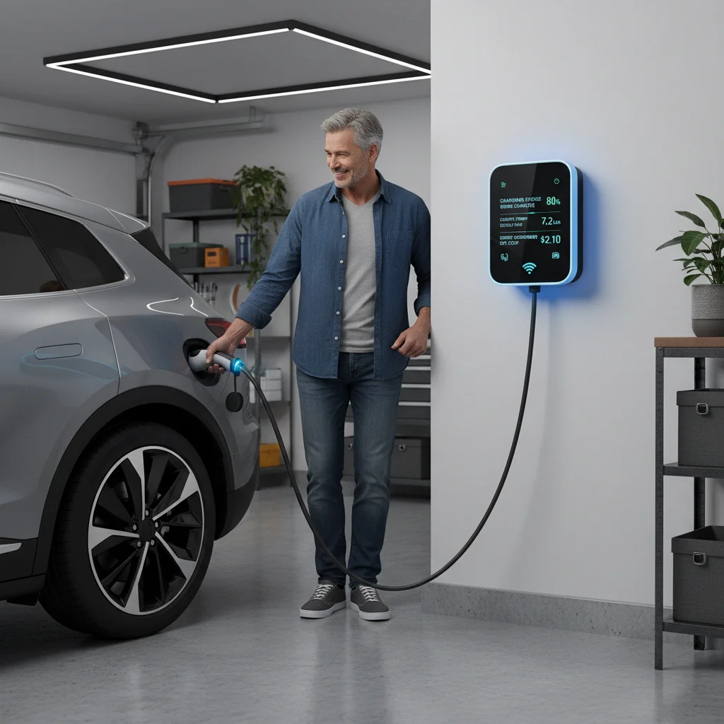 Person plugging an electric vehicle into a smart home charging unit in a garage, showcasing convenient home EV charging solutions.