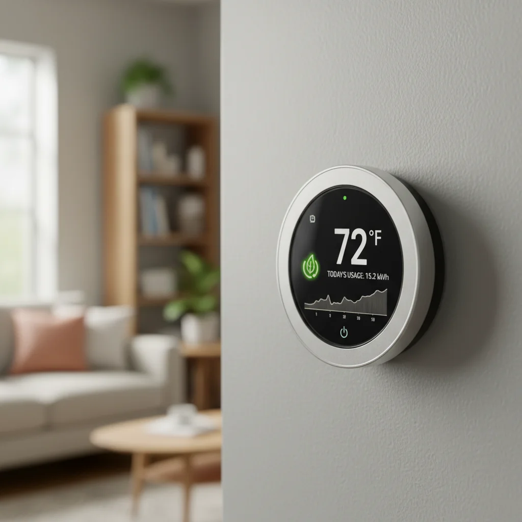 Smart thermostat showing energy savings data in a modern home.