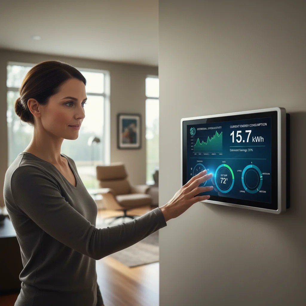 Smart thermostat displaying geothermal energy consumption data
