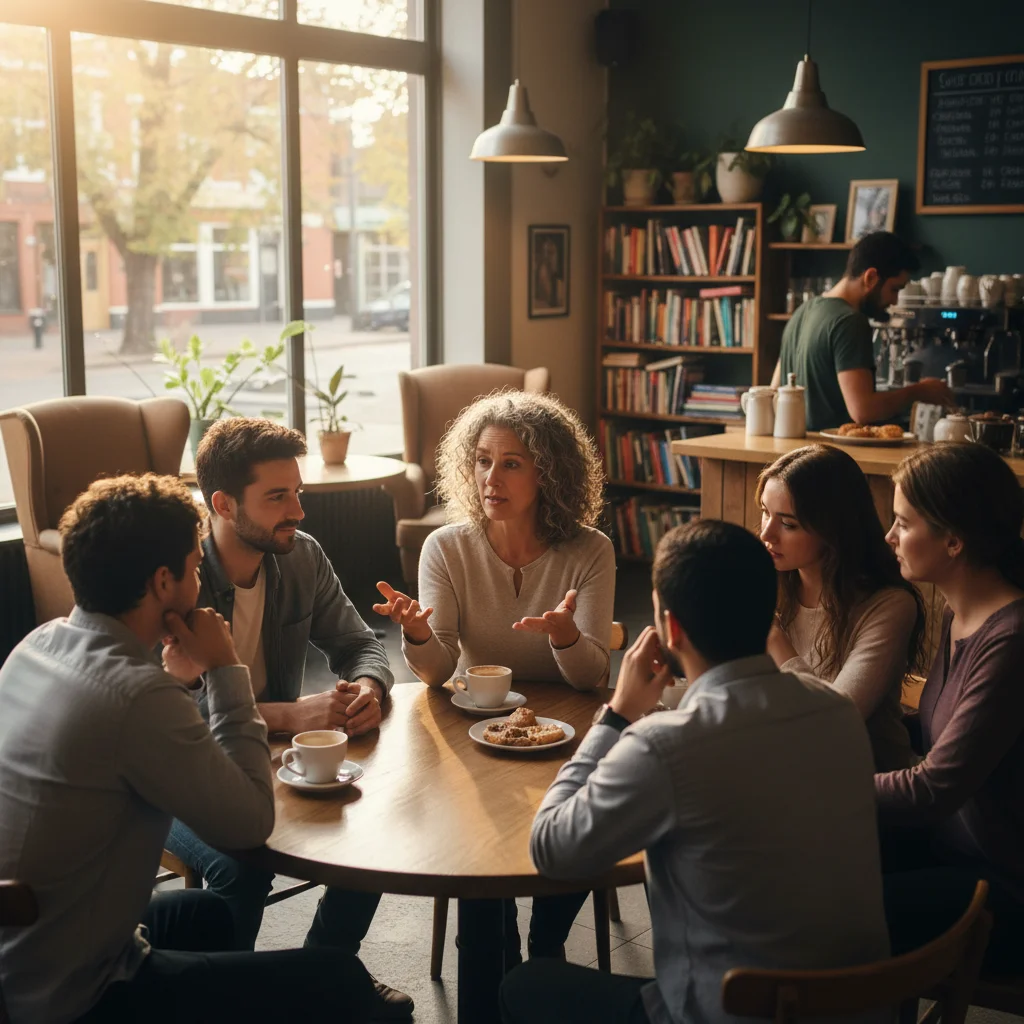 Group of people engaging in supportive conversation and social connection