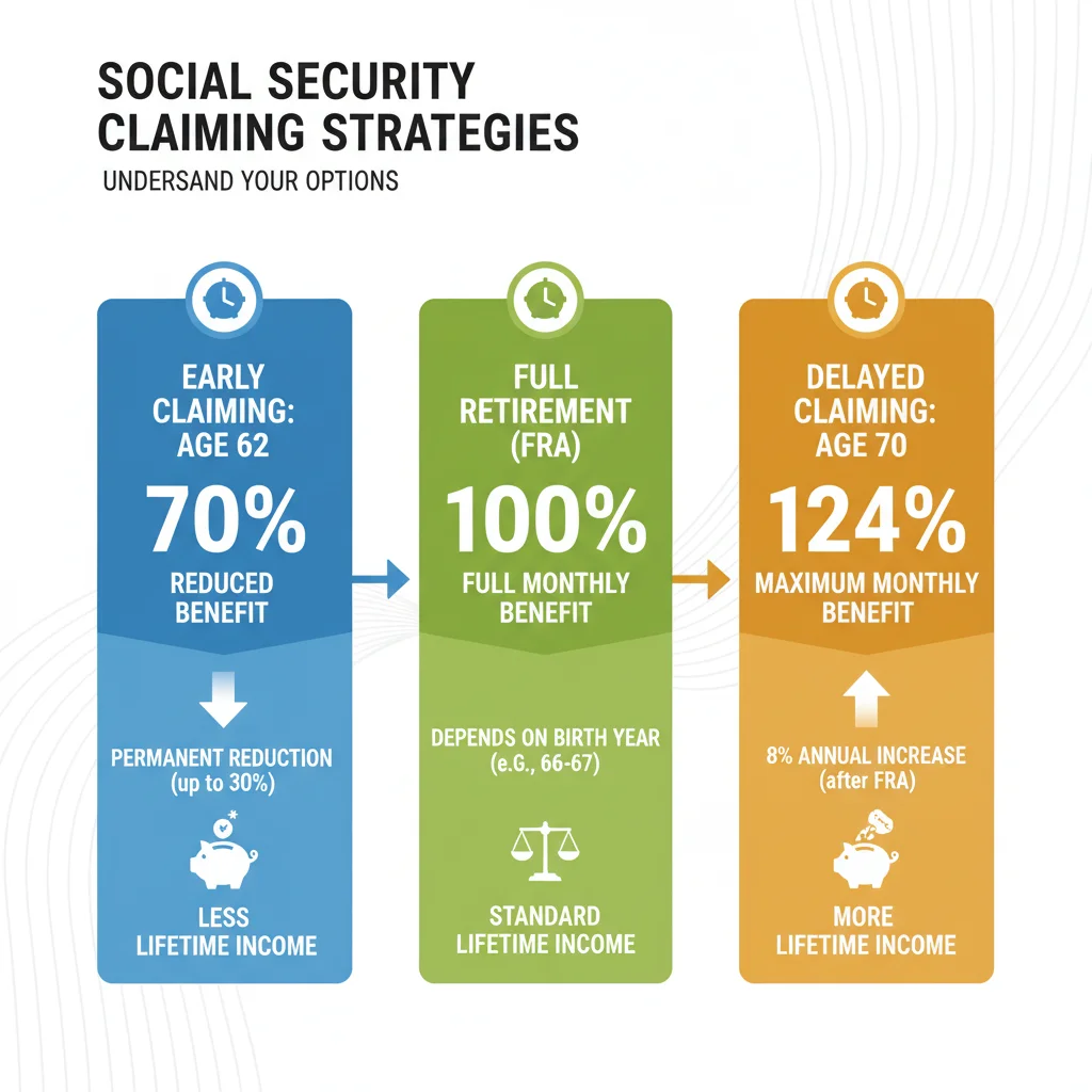 Infographic showing Social Security claiming ages and their impact on benefit amounts.