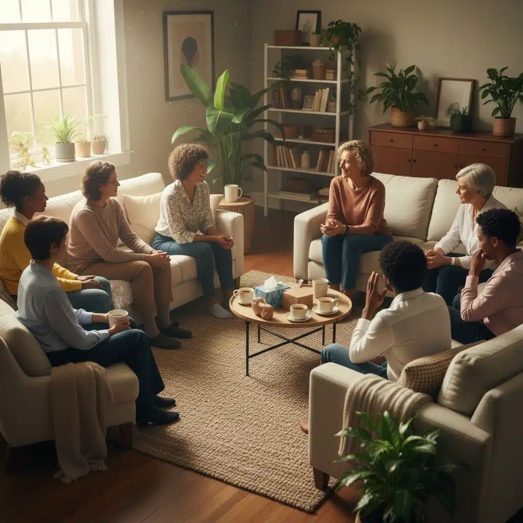 Group therapy session, demonstrating social support and connection.