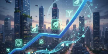Stock market chart with upward trend and sector icons for 2026 outlook