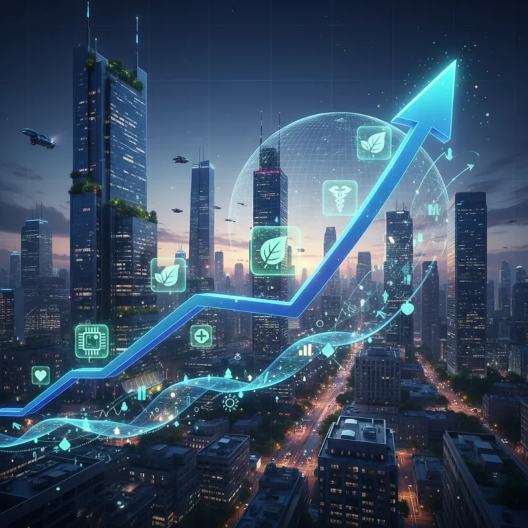 Stock market chart with upward trend and sector icons for 2026 outlook