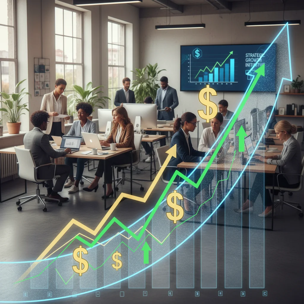 Growth chart with financial symbols, representing strategic planning and business growth.