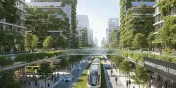 Futuristic city street showcasing electric vehicles, bicycles, and public transit for sustainable commuting in 2026.
