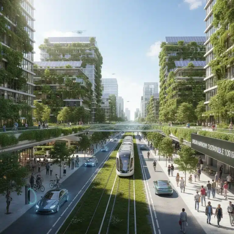 Futuristic city street showcasing electric vehicles, bicycles, and public transit for sustainable commuting in 2026.