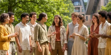 Diverse individuals wearing sustainable fashion in an urban park, promoting eco-friendly style.