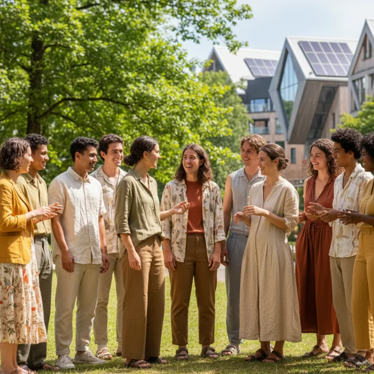 Diverse individuals wearing sustainable fashion in an urban park, promoting eco-friendly style.