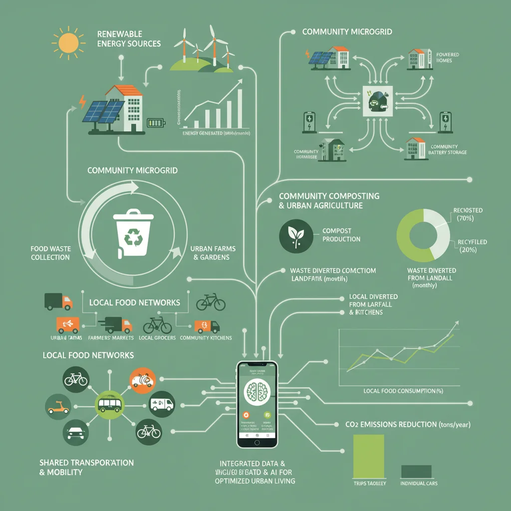 Infographic depicting sustainable neighborhood initiatives and smart city elements.