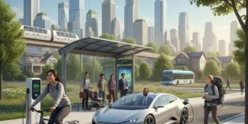 Diverse US commuters using sustainable transport like electric bikes, EVs, and public transit in 2026