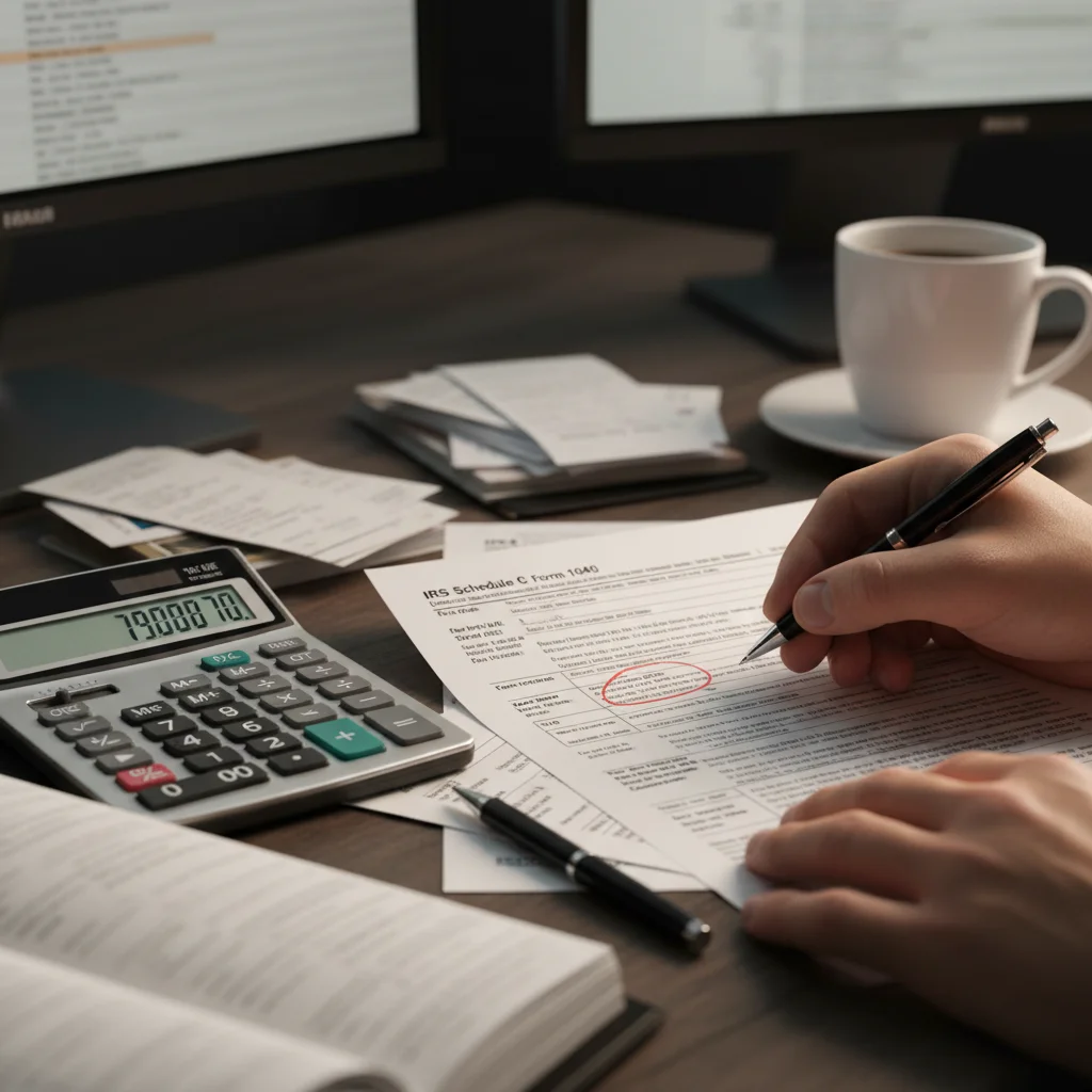 Hands analyzing tax forms and financial statements, representing tax implications for small businesses.