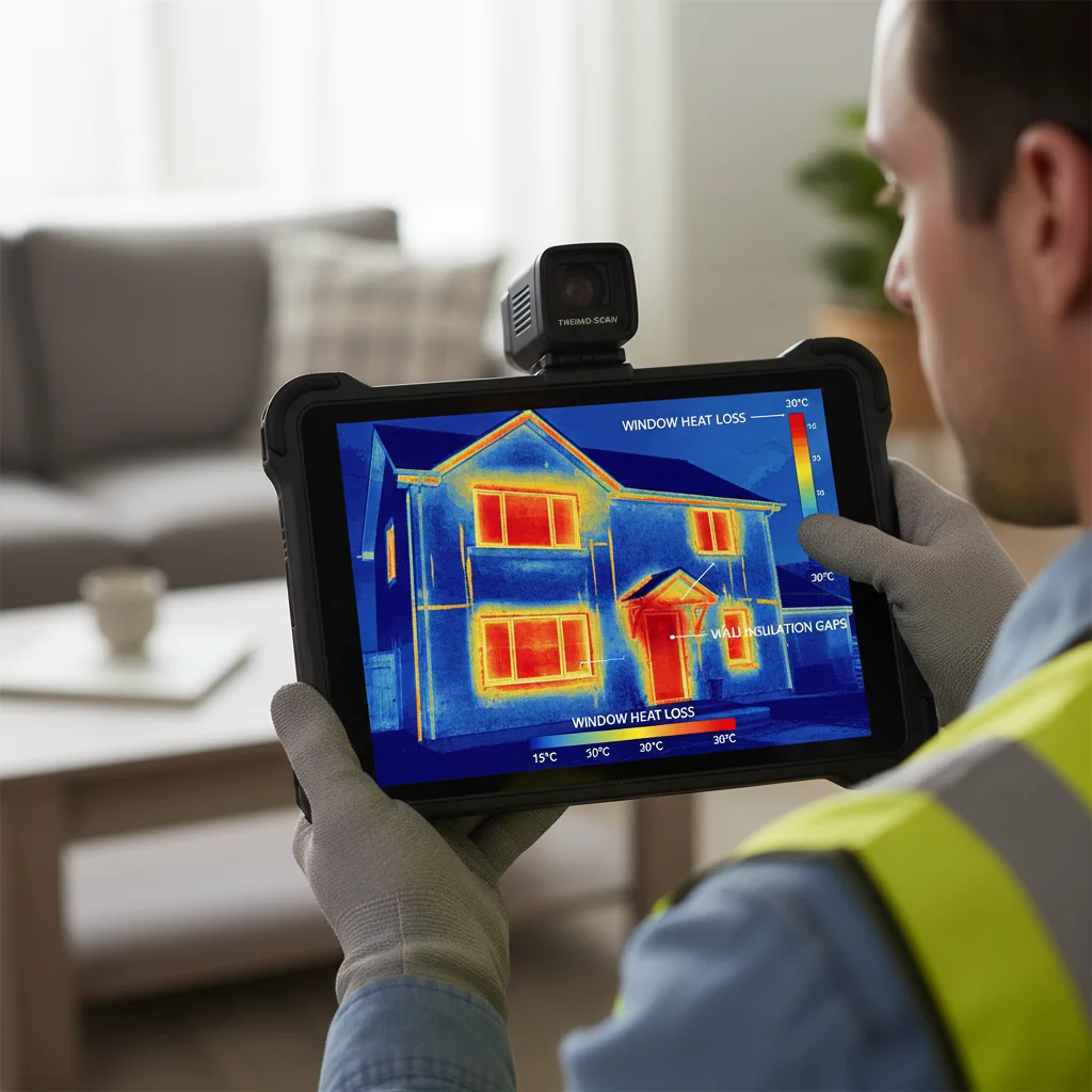Thermal imaging camera detecting heat loss in home
