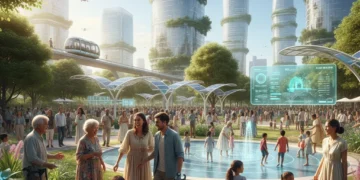 Diverse community thriving in a modern urban park, symbolizing holistic well-being.