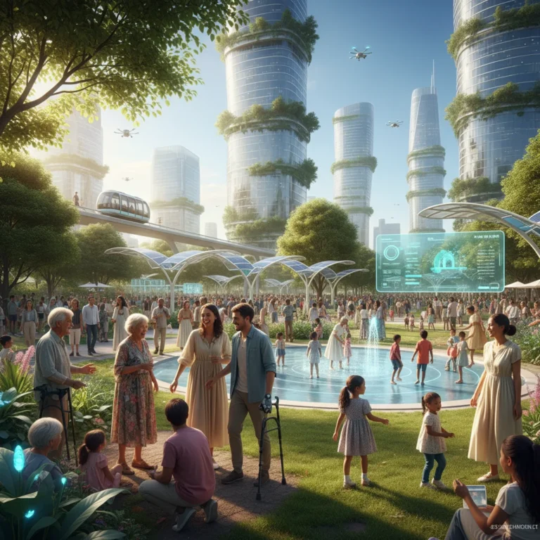 Diverse community thriving in a modern urban park, symbolizing holistic well-being.