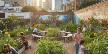 Diverse community members tending to a vibrant urban garden with fresh produce.