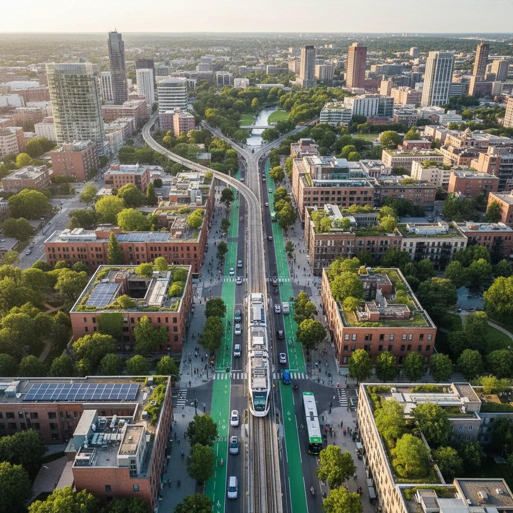 Vibrant city with dedicated bike lanes, electric scooters, and efficient public transport infrastructure