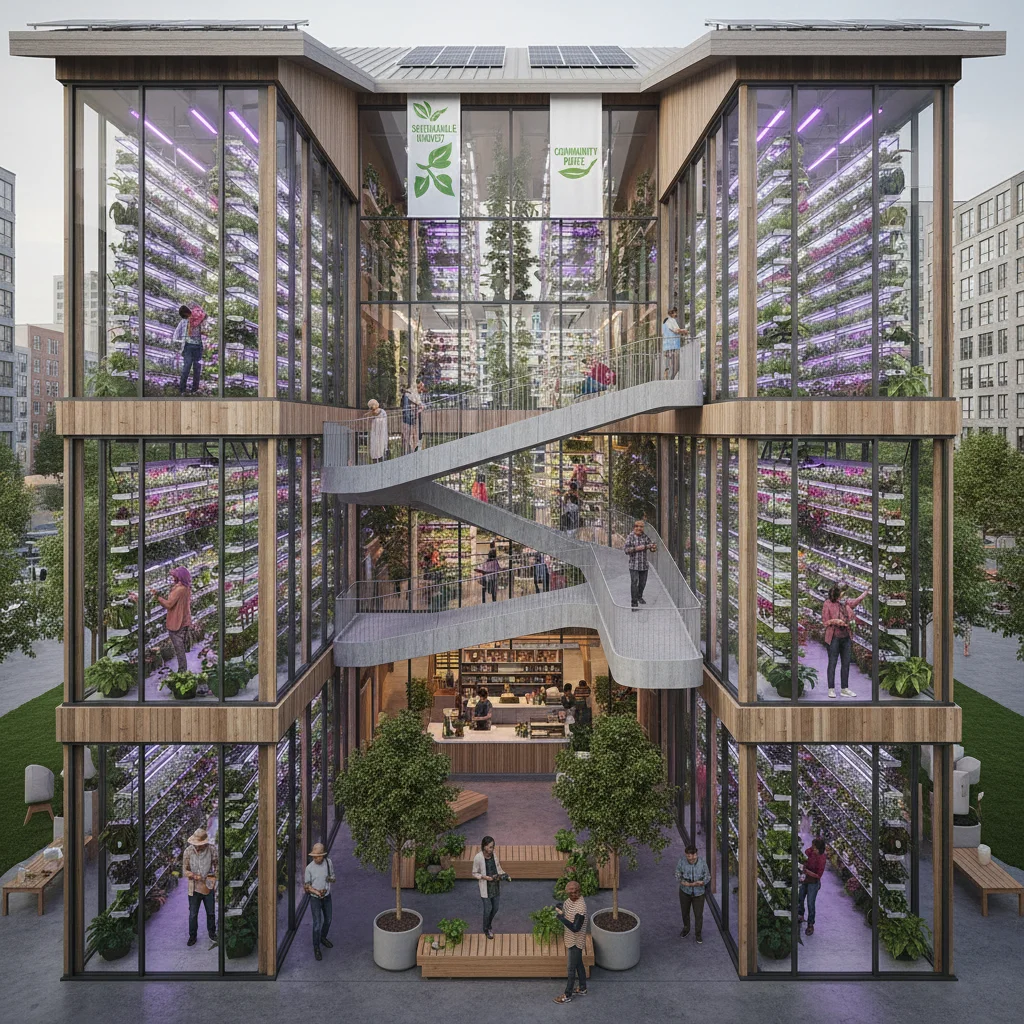 Urban vertical farm with community members engaging in sustainable agriculture