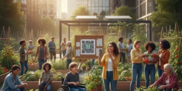 Diverse community members engaging in a vibrant urban garden, symbolizing post-pandemic social connection.