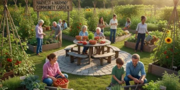 Vibrant community garden with people harvesting fresh produce, showcasing a diverse and active local food initiative.