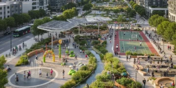 Vibrant community park with diverse activities and sustainable design in a US city, 2026