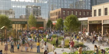 Diverse community engaging in a vibrant urban park, showing strong social cohesion and economic activity.
