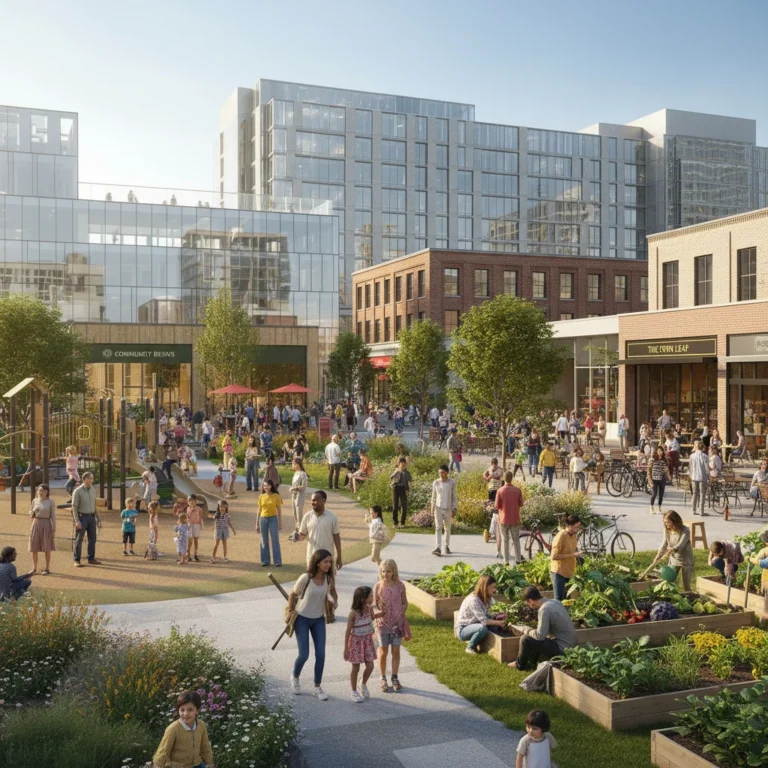 Diverse community engaging in a vibrant urban park, showing strong social cohesion and economic activity.