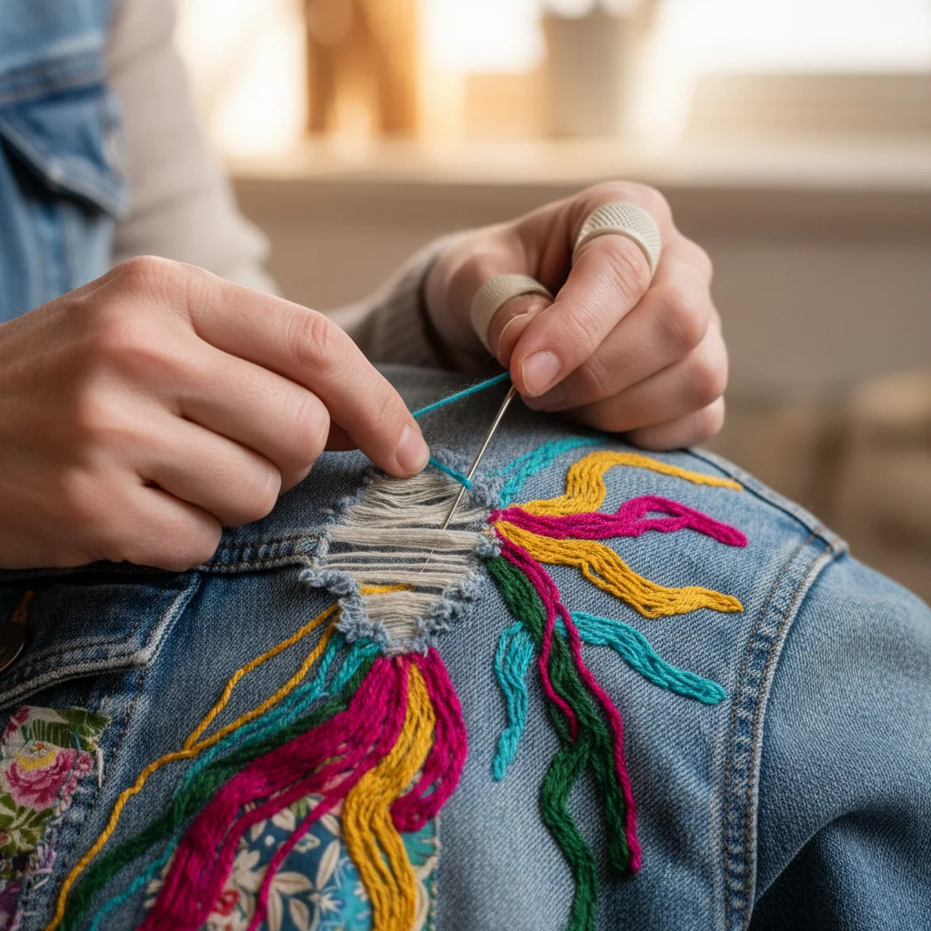 Hands visibly mending a denim jacket with colorful embroidery, symbolizing clothing repair and extended lifespan.