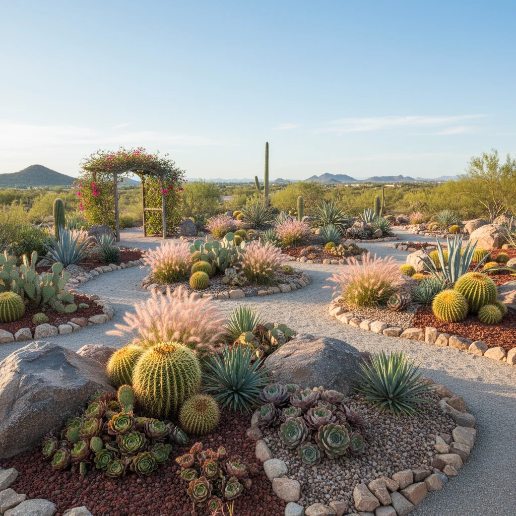 Stunning xeriscape garden design with succulents, rocks, and gravel pathways.