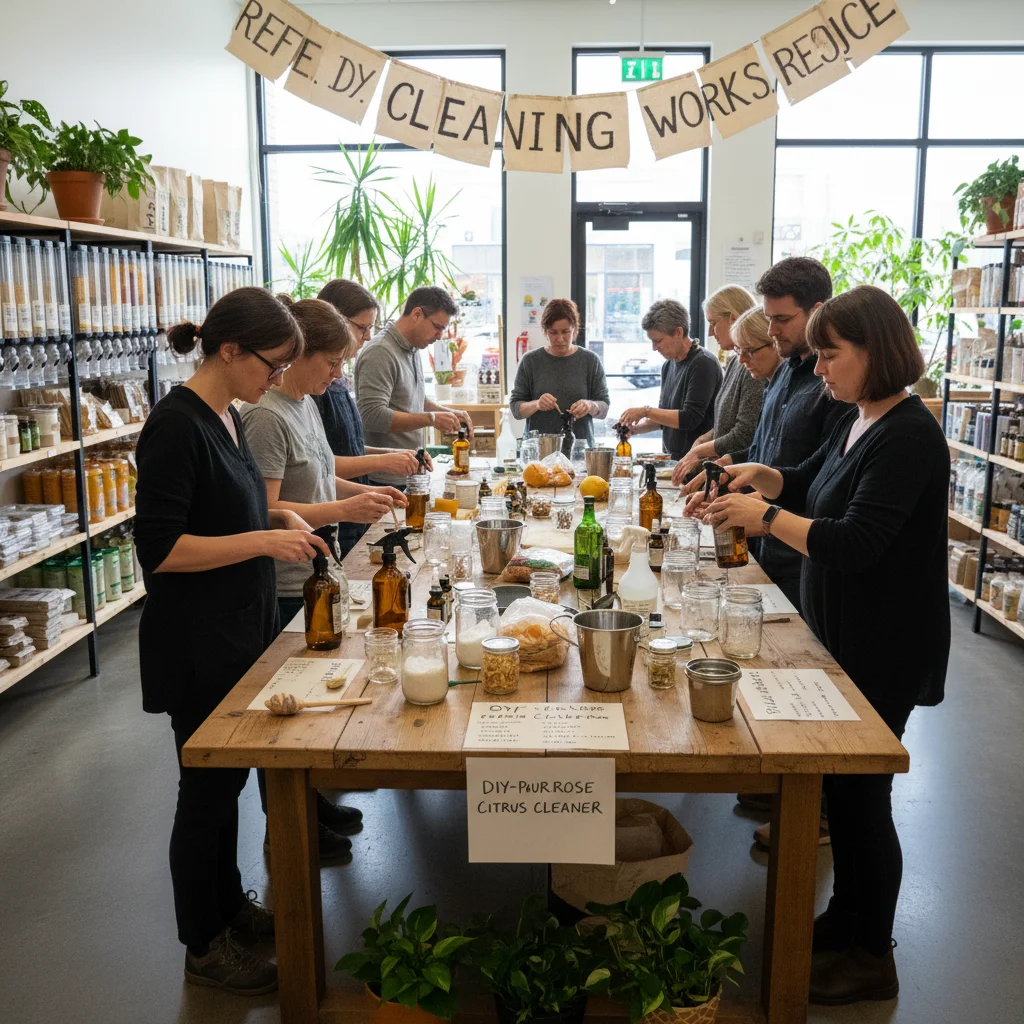 Community workshop in a zero-waste store, people making DIY cleaning products.