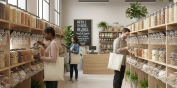Interior of a modern zero-waste store with bulk food dispensers and customers using reusable containers.