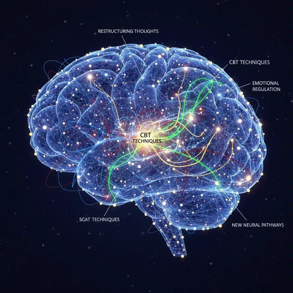 Illustration of a brain with interconnected, glowing nodes, symbolizing cognitive processes and CBT techniques.