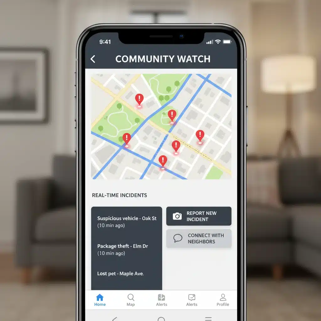 Smartphone displaying a modern community watch app with real-time incident reporting and neighborhood communication features.