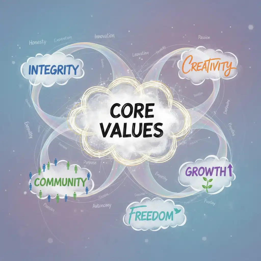 Mind map illustration showing different core values like integrity, creativity, and growth.