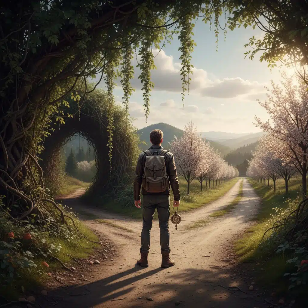 Person at a crossroads, holding a compass, contemplating two paths, symbolizing decision-making and goal setting.