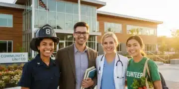 Diverse community heroes smiling together, representing various professions, in front of a community center.