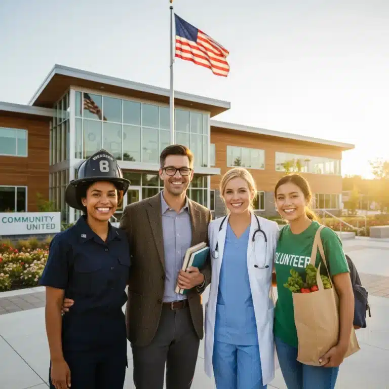 Diverse community heroes smiling together, representing various professions, in front of a community center.