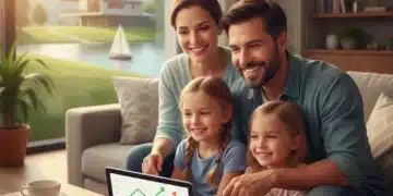 Family confidently reviewing their 6-month emergency fund on a tablet, symbolizing financial security for US families in 2026.
