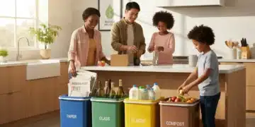 Family sorting recyclables into color-coded bins at home