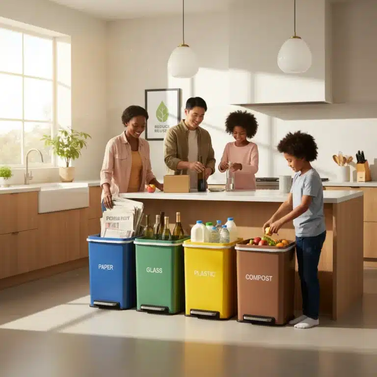 Family sorting recyclables into color-coded bins at home