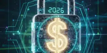 Digital padlock securing dollar sign, representing financial cybersecurity in 2026