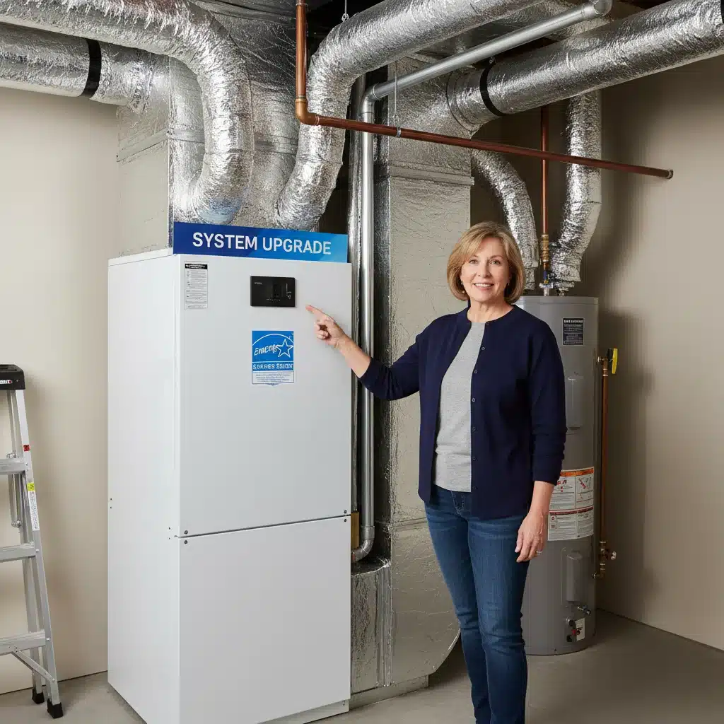 Homeowner inspecting new high-efficiency HVAC system with Energy Star label.