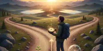 Person with compass at crossroads, symbolizing discovering core values and life direction for 2026.