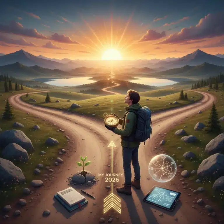 Person with compass at crossroads, symbolizing discovering core values and life direction for 2026.