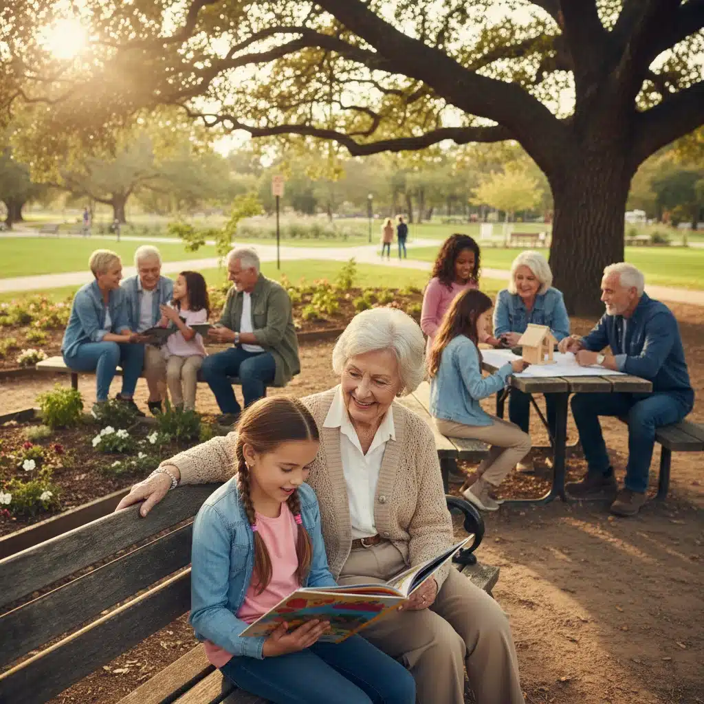 Intergenerational mentorship program showing a child reading to an elderly person in a park.